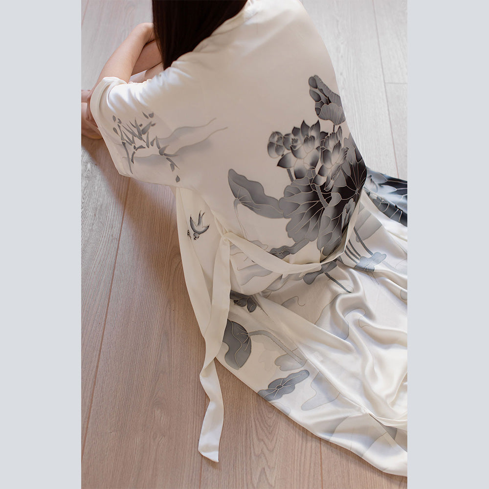 silk kimono dressing gown Womens Silk Kimono Robes Long Mulberry Silk Dressing Gown Green / One size fits most