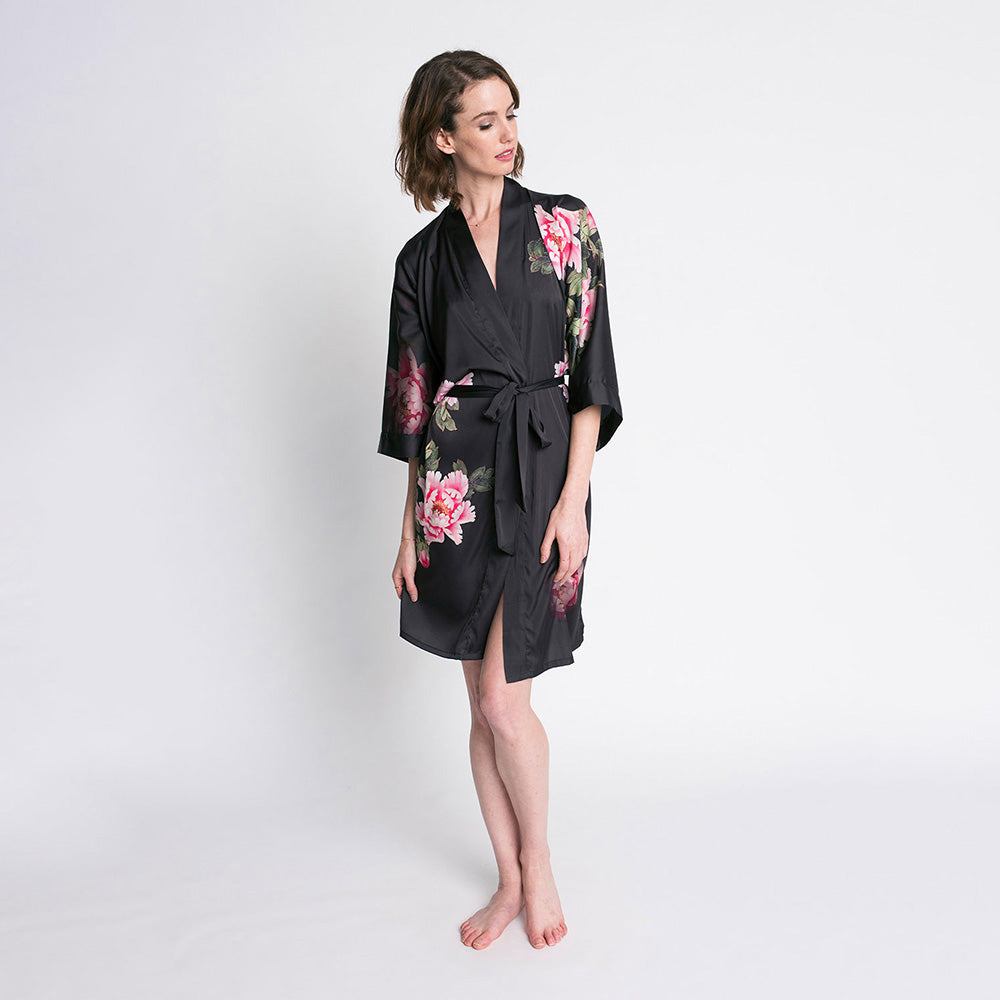 Peony & Bird Short Kimono Robe - Charmeuse | KIM+ONO – Kimandono.com