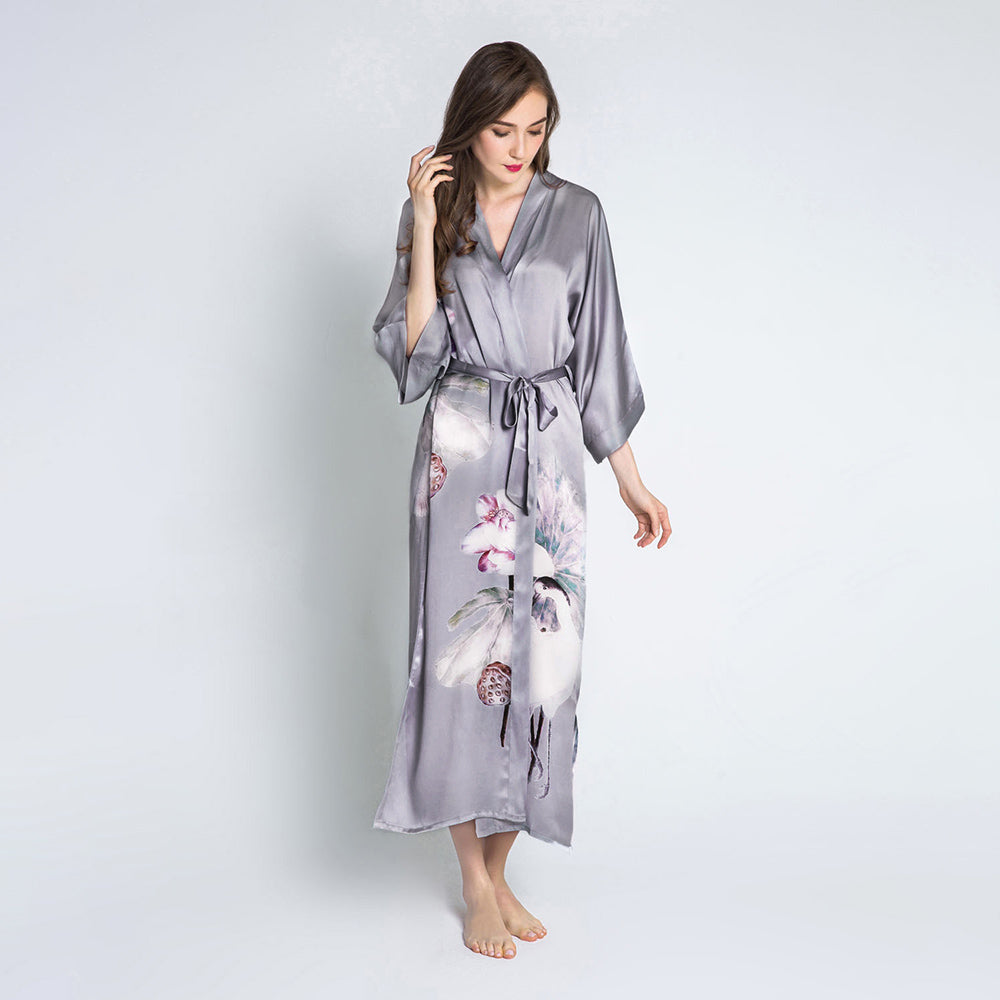 Kihnop Women's Floral Long Kimono Robe Long Satin Robe Long Silk