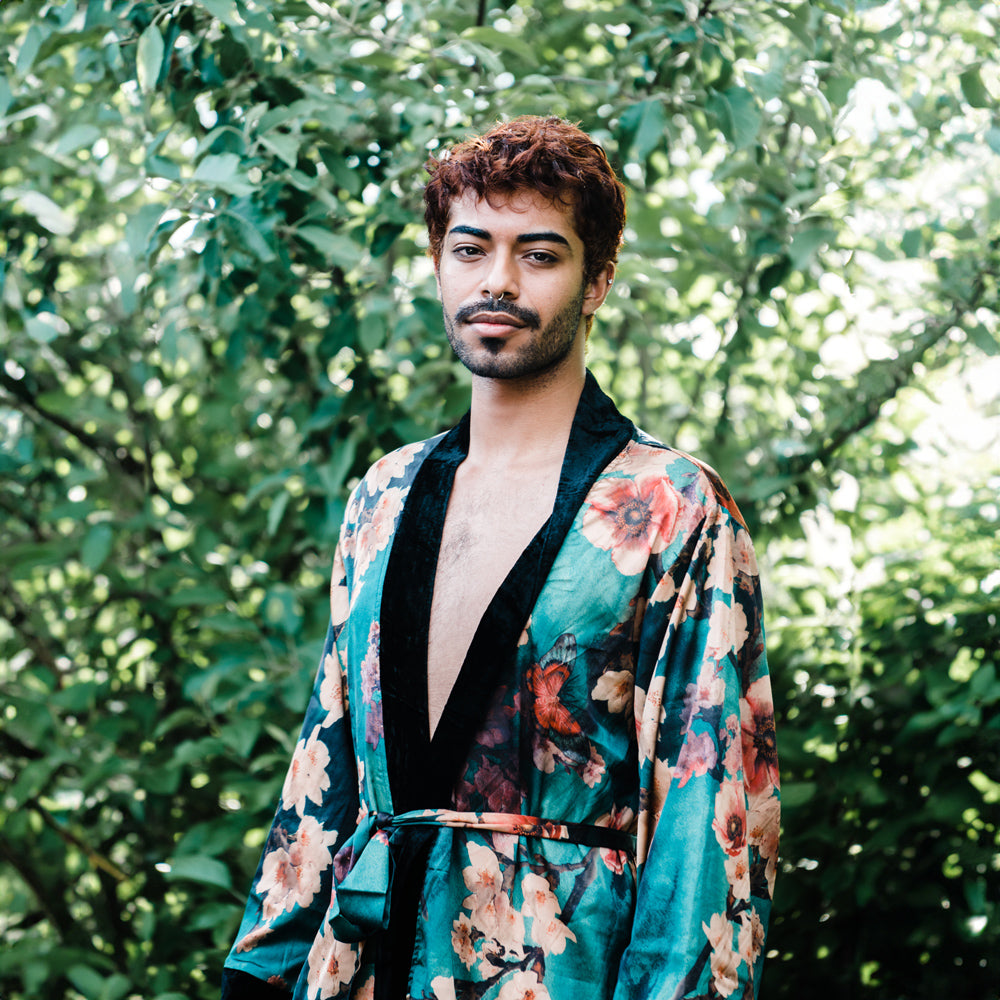 Men's Azumi Long Floral Kimono Wrap with Velvet Trim