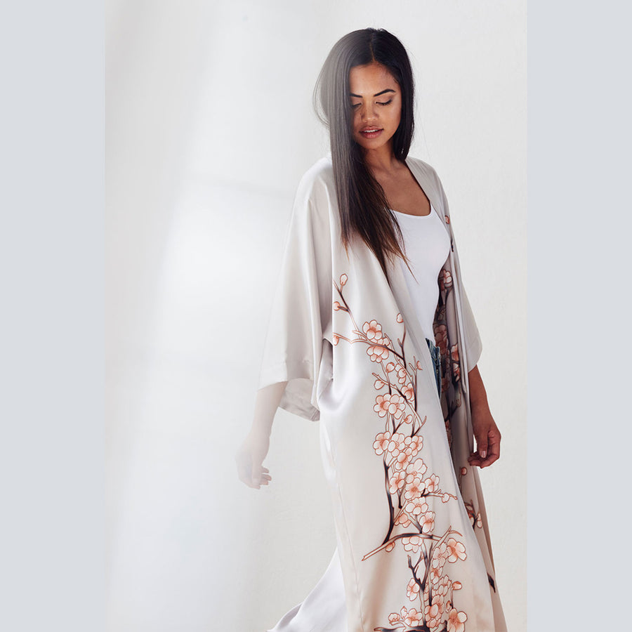 Silk Handpainted Cherry Blossom Long Kimono Robe