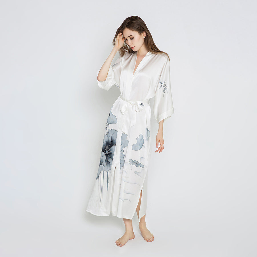 KIM+ONO | Silk Handpainted Lotus Long Kimono Robe | Black And White KIM+ONO | Silk Handpainted Lotus Long Kimono Robe | Black And White