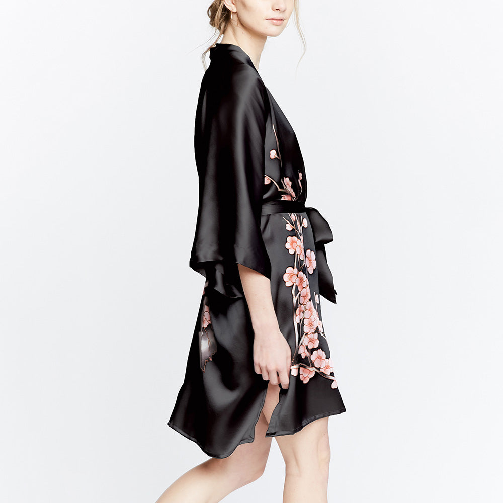 Hand-Painted Cherry Blossom Silk Kimono Robe - Short