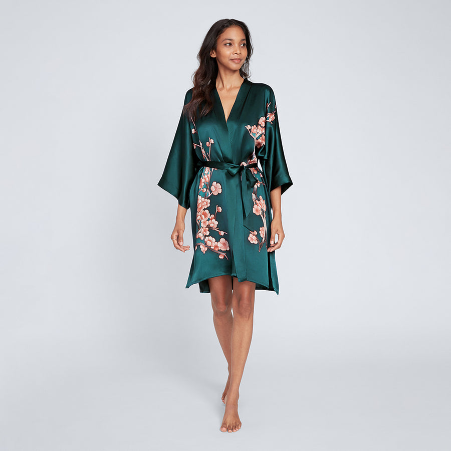 Emerald Satin Silk Kimono Robe Green Silk Dressing Gown Hand-Painted Cherry Blossom Silk Kimono Robe Short Emerald Satin Silk Kimono Robe Green Silk Dressing Gown Hand-Painted Cherry Blossom Silk Kimono Robe Short
