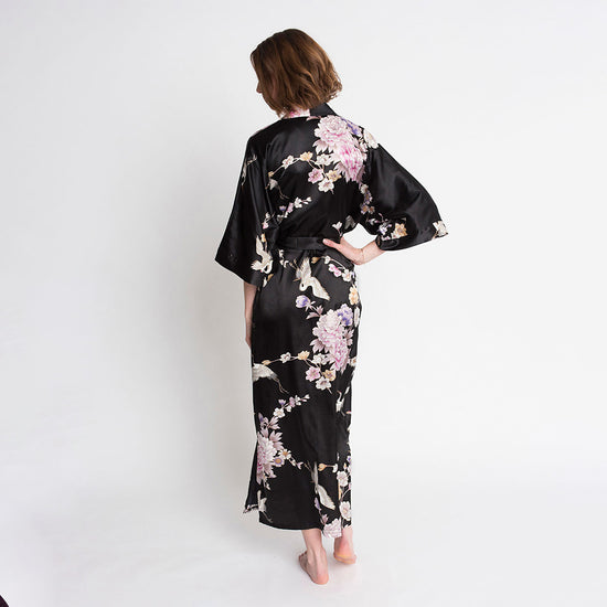 Chrysanthemum & Crane Long Satin Kimono Robe | KIM+ONO – Kimandono.com