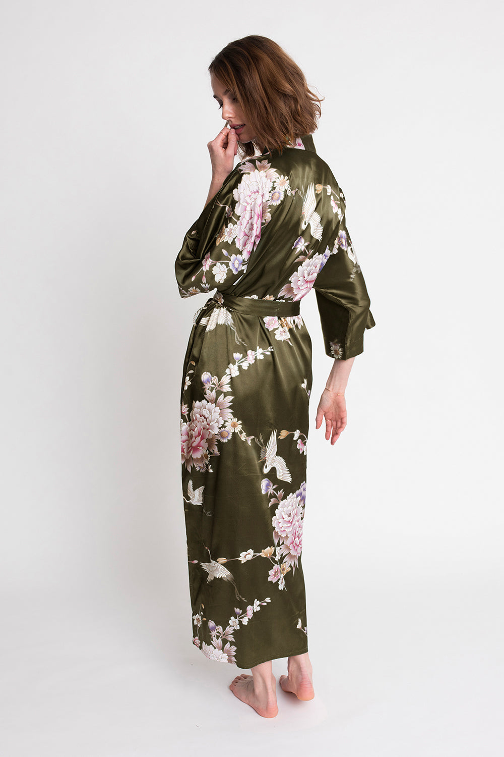 Chrysanthemum & Crane Long Satin Kimono Robe KIM+ONO