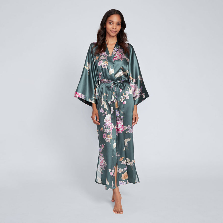 Kihnop Women's Floral Long Kimono Robe Long Satin Robe Long Silk