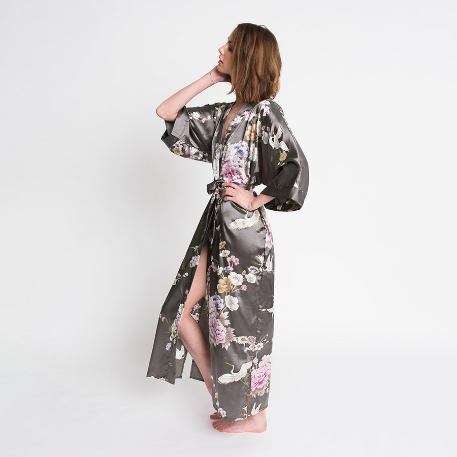 Chrysanthemum & Crane Long Kimono Robe