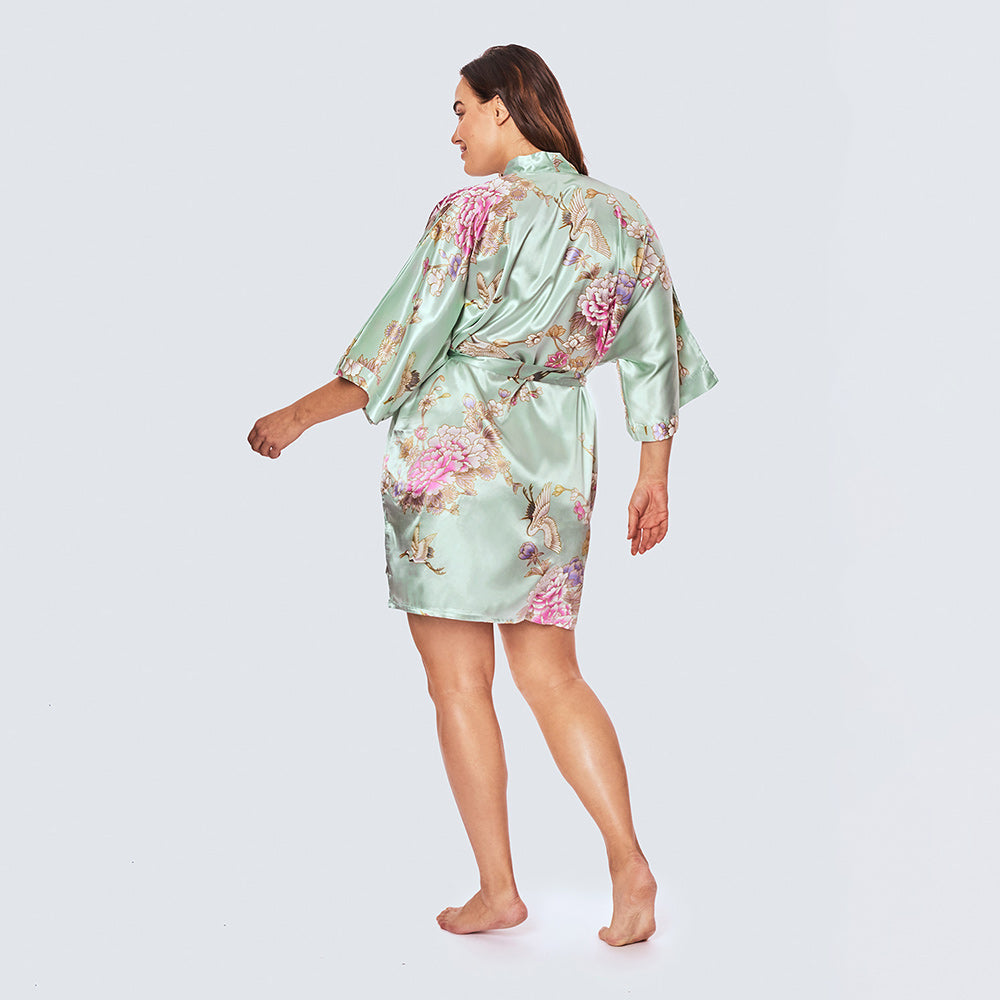 19Momme Women's Pure Silk Crane Print 3/4 Sleeve Short Kimono Robe