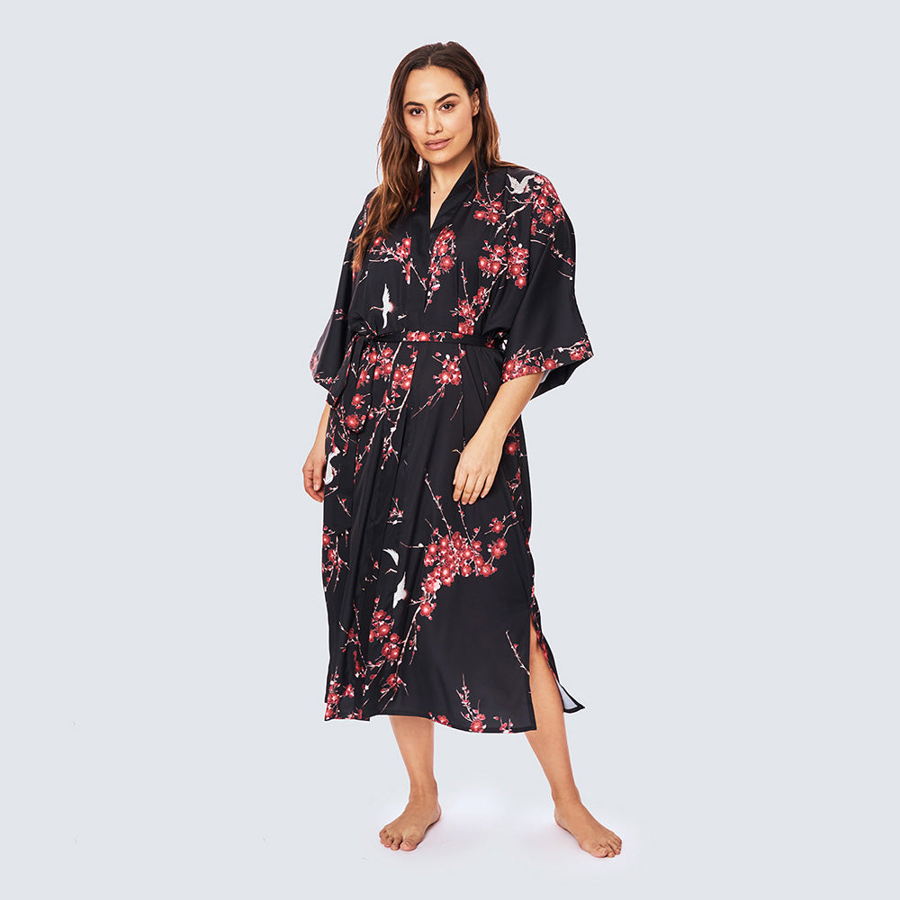 Cherry Blossom & Crane Plus Size Long Kimono Robe | KIM+ONO – kimandono.com