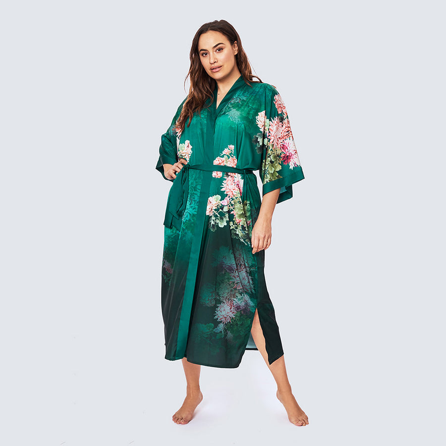 Emerald Satin Silk Kimono Robe Green Silk Dressing Gown Hand-Painted Cherry Blossom Silk Kimono Robe Emerald Satin Silk Kimono Robe Green Silk Dressing Gown Hand-Painted Cherry Blossom Silk Kimono Robe
