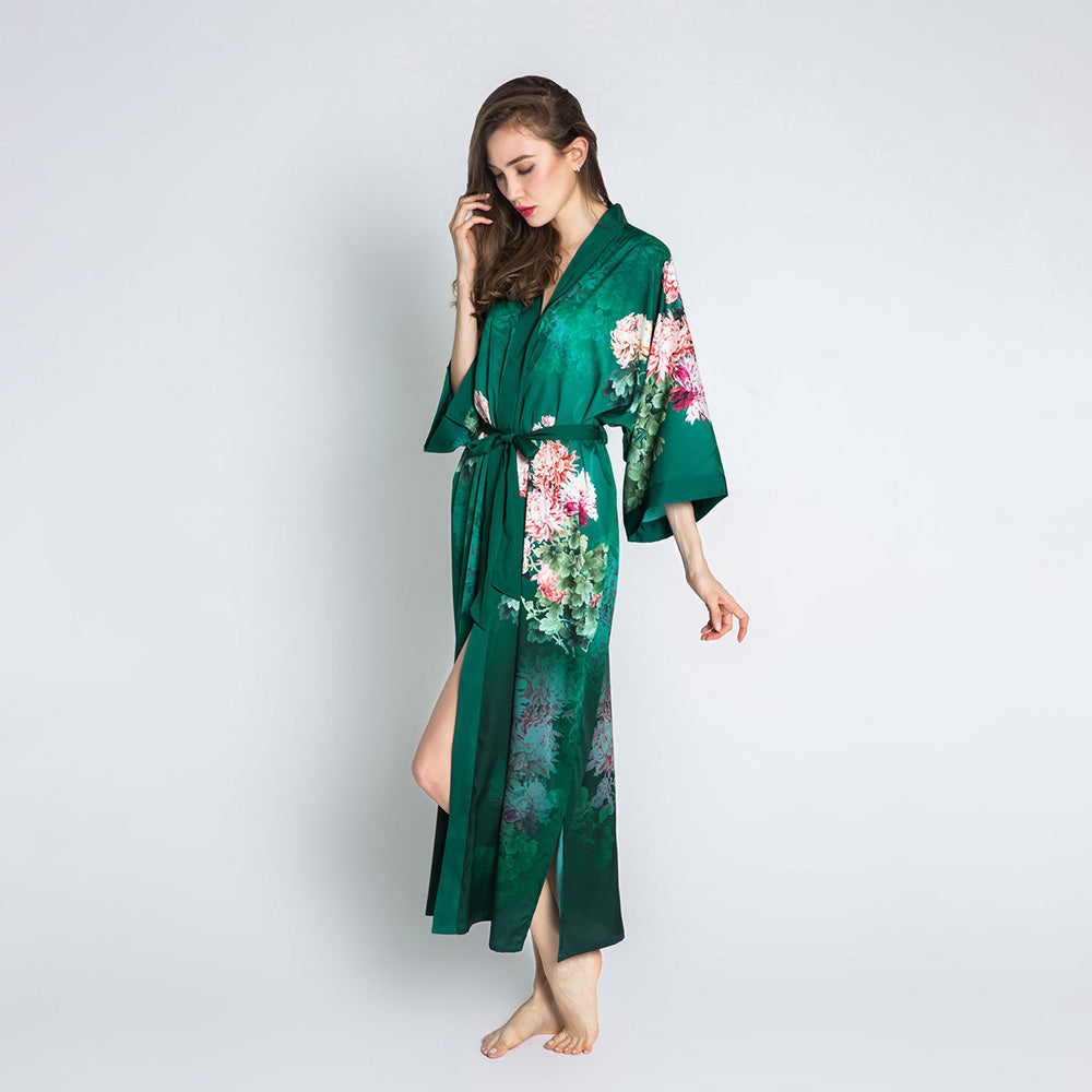 Coral Chrysanthemum Long Kimono Robe | KIM+ONO