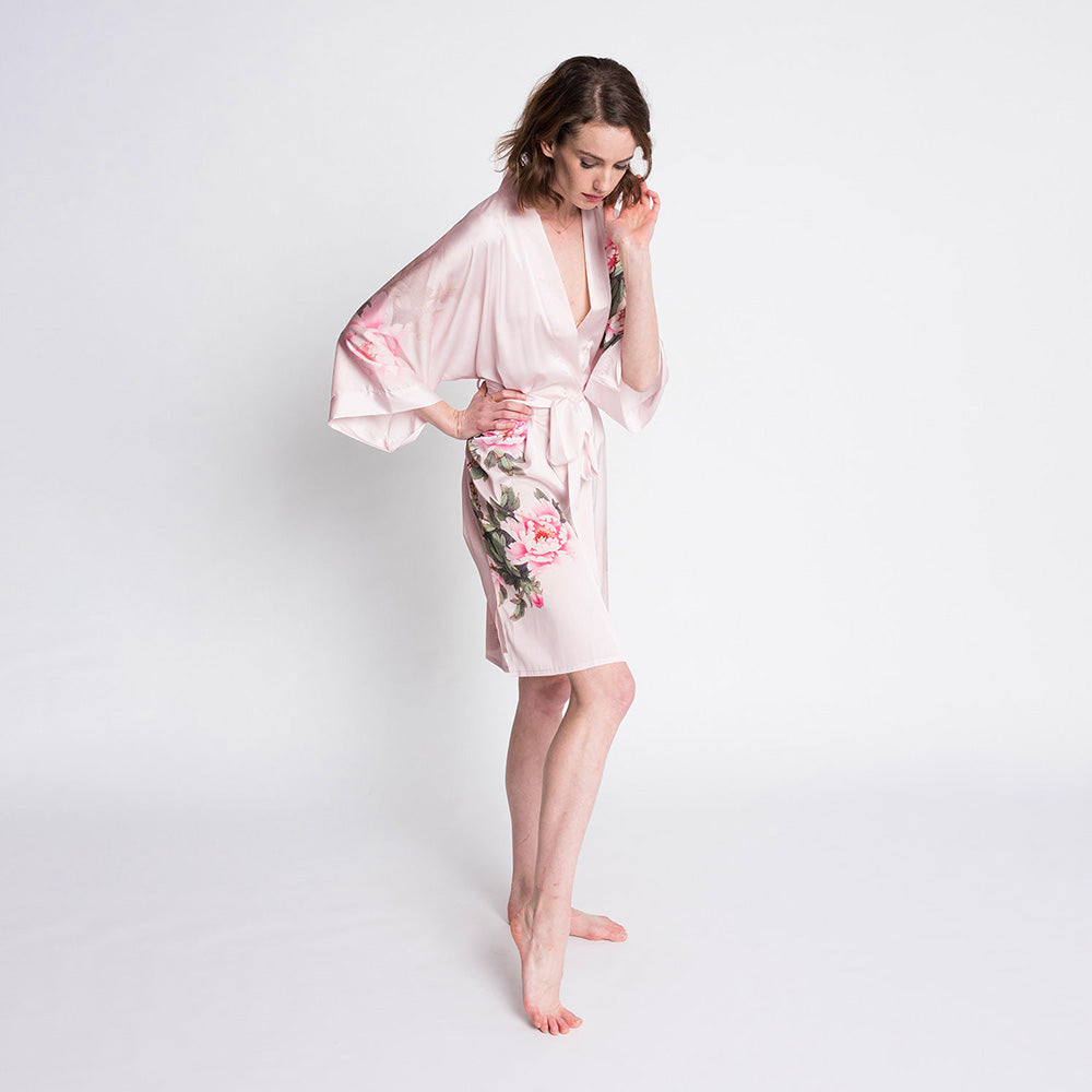 pink kimono dress KIM + ONO Peony & Bird Short Kimono Robe celedon / one size