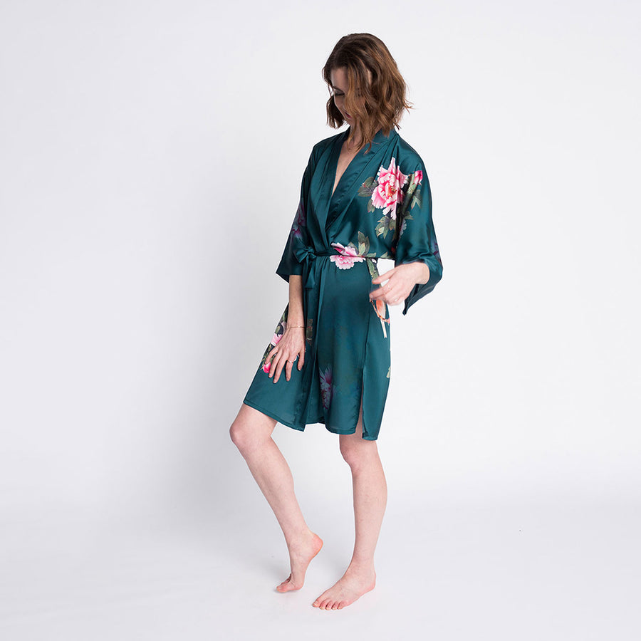 Peony & Bird Short Kimono Robe - Charmeuse | KIM+ONO – kimandono.com