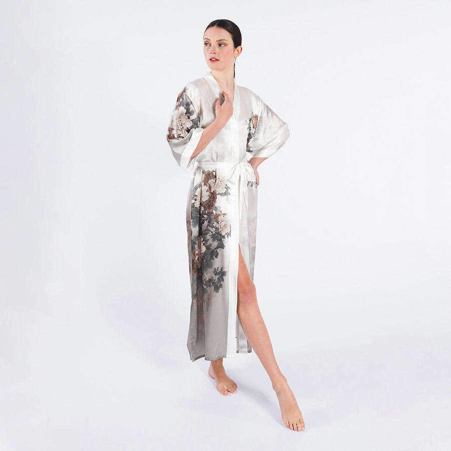 KIM ONO Washable Silk Kimono Robe Long Floral Print, Peony ＆ Butterfly  Black並行輸入品 バスローブ