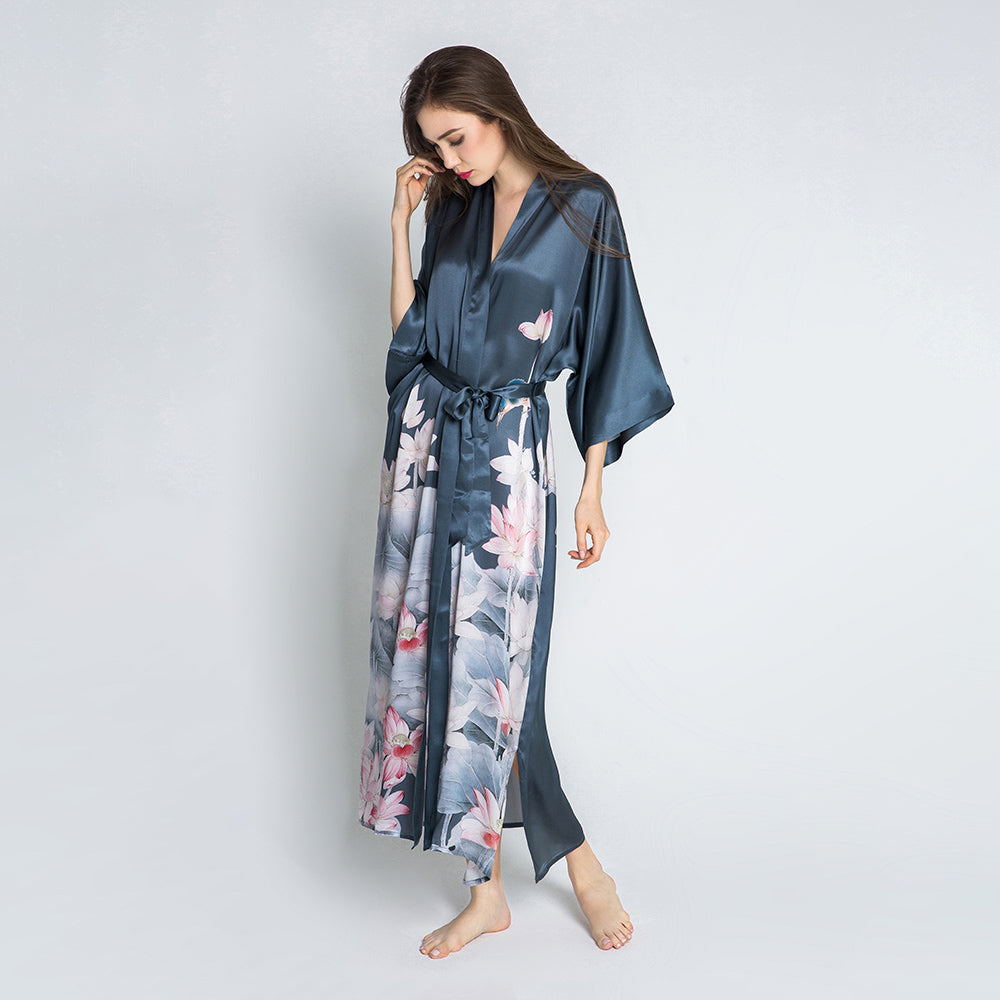 Silk Lotus Flower Kimono Robe - Long | KIM+ONO – kimandono.com