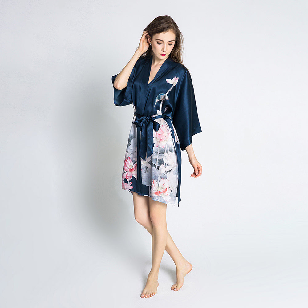 short silk kimono dressing gown Short Kimono Robe - Summer Toile - Aegean Blue, XXL