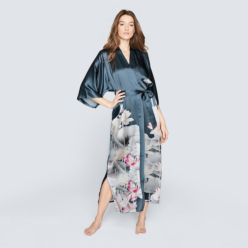 Washable Silk Lotus Kimono Robe - Long | KIM+ONO