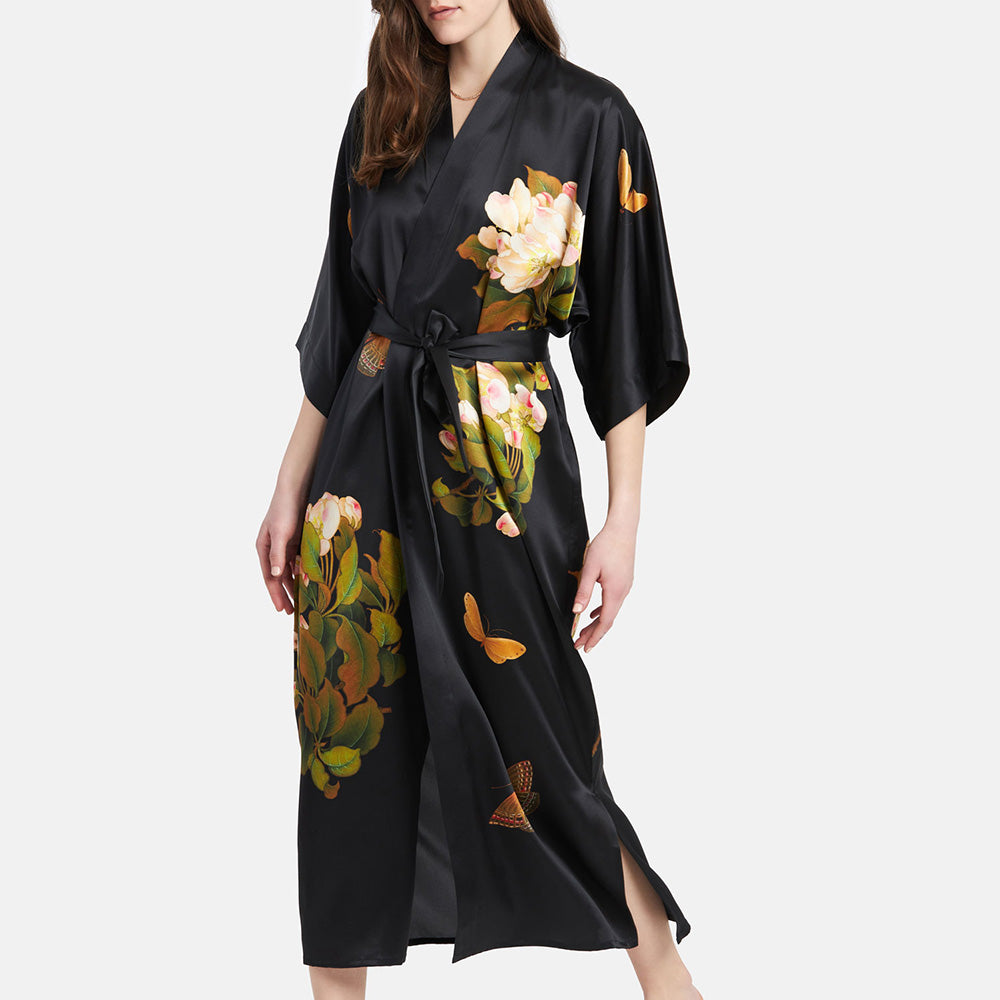 Washable Silk Peony & Butterfly Kimono Robe - Long – kimandono.com