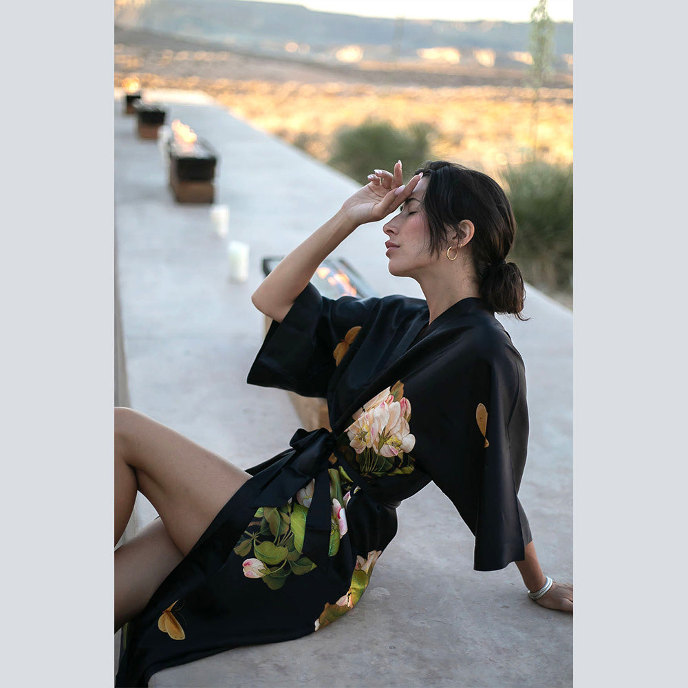 Washable Silk Peony & Butterfly Kimono Robe - Long – Kimandono.com