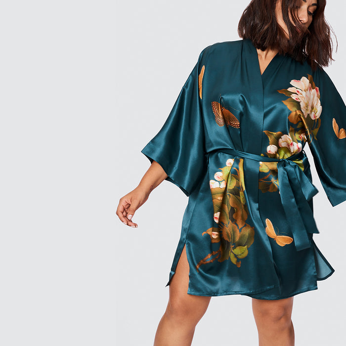 Plus Size Washable Silk Peony & Butterfly Kimono Robe - Short ...