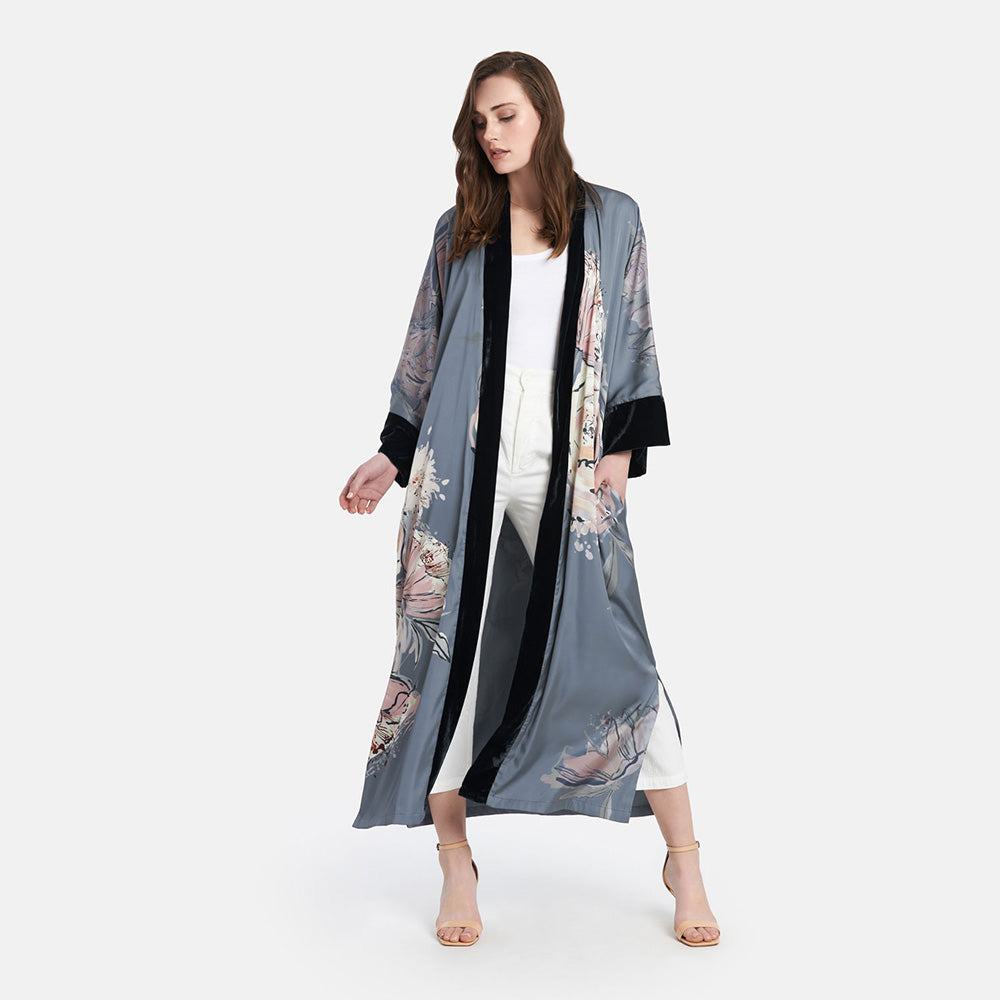 Jia Long Kimono Wrap | Charmeuse Kimono Robe with Velvet Trim ...