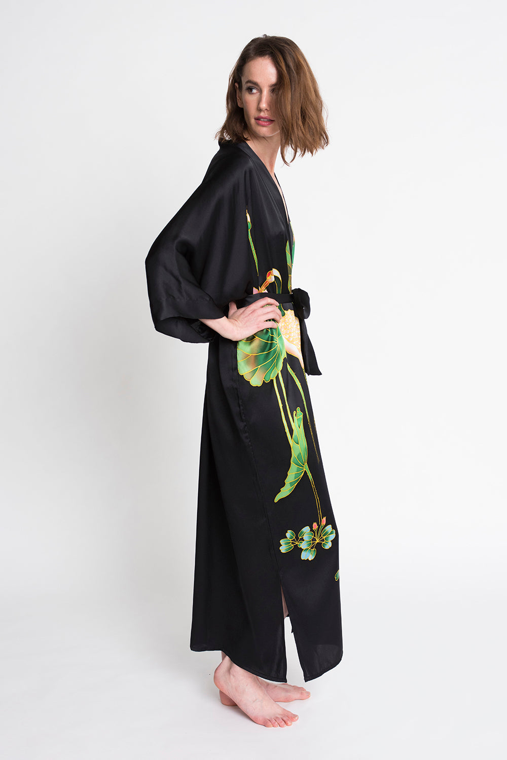 Hand-Painted Crane Long Silk Kimono Robe | KIM+ONO – kimandono.com