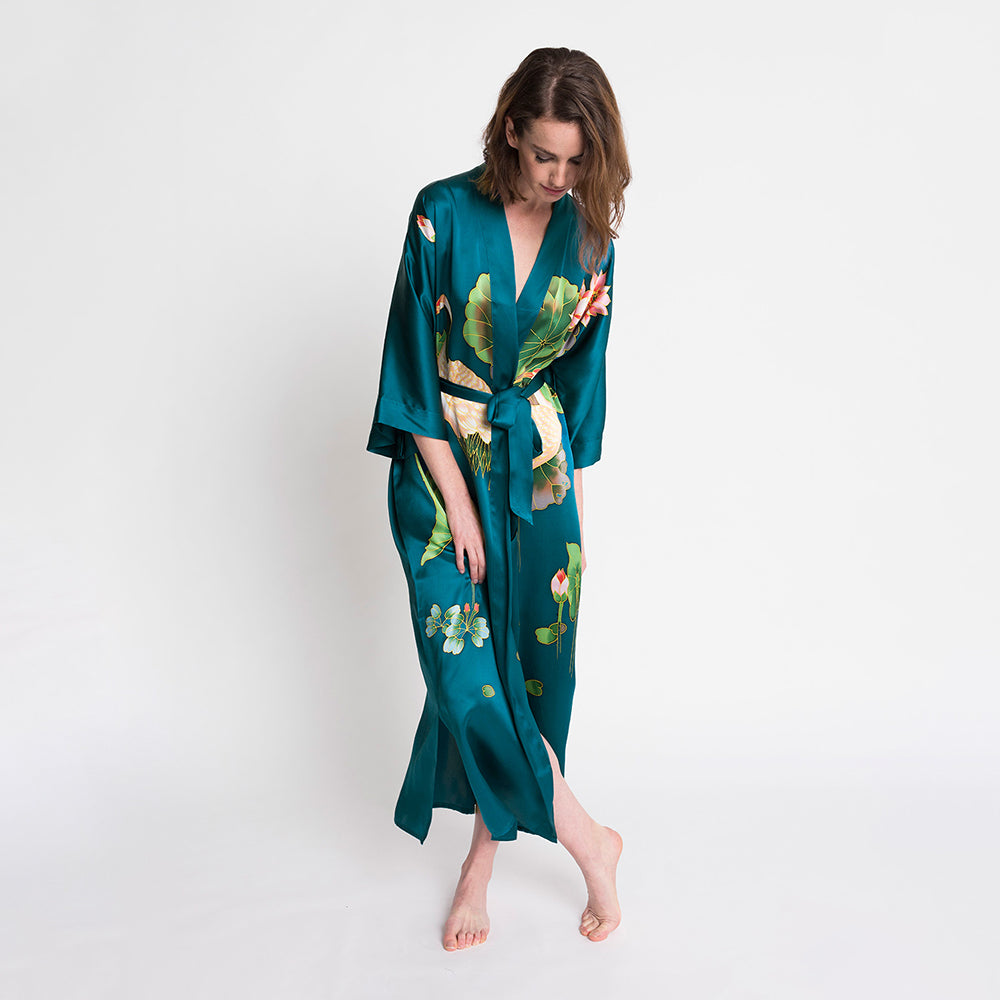19Momme Pure Silk Crane Print Belted Wrap Women's Kimono Robe