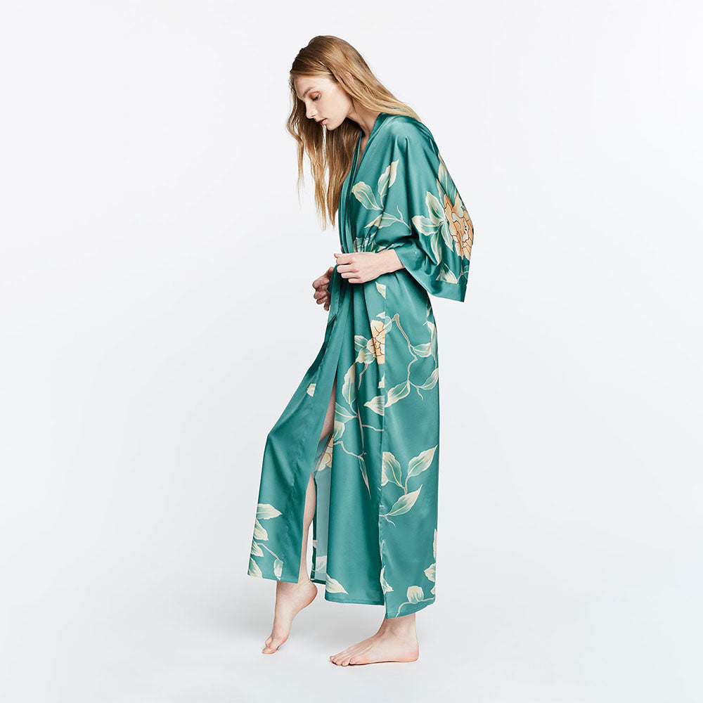 Floral Tie Waist Kimono Robe with Side Slit | KIM+ONO