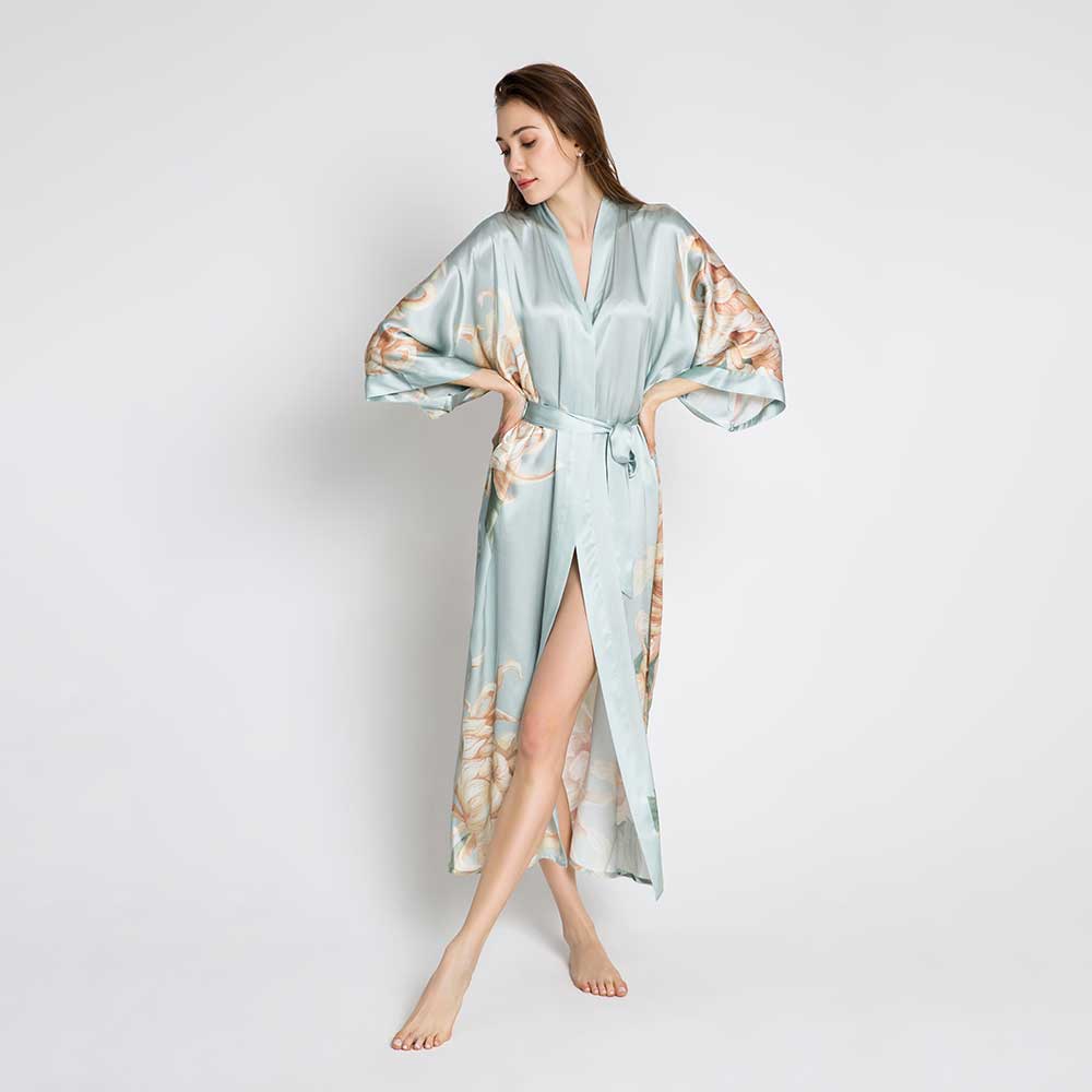 Kiku Long Silk Kimono Robe | Full Length Kimono Robe – kimandono.com